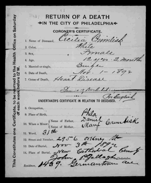 Cecilia Crimlisk's Death Certificate