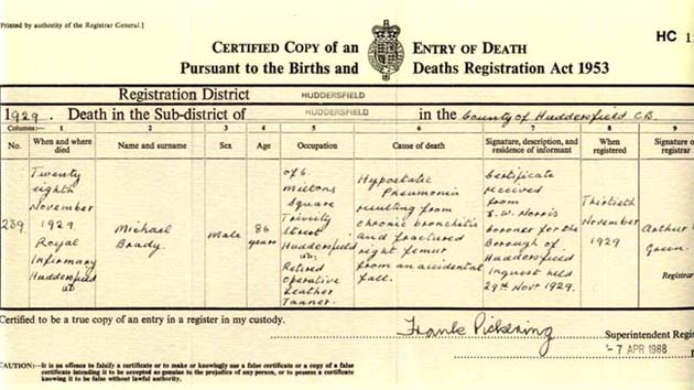 Michael Brady - Death Certificate