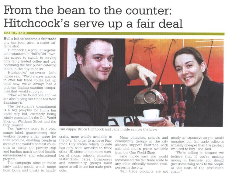 Hull InPrint Fair Trade City Article - Hitchcock's Restaurant goes Fairtrade