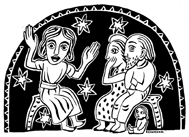 Story teller woodcut with audience